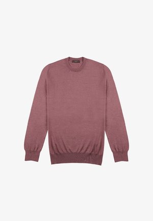 Maglione a girocollo in colore rosa polveroso, realizzato in morbido tessuto a maglia. Presenta un collo a giro, polsini e cintura a costine; texture complessivamente liscia.