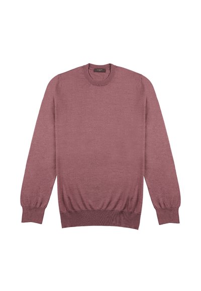 Sweter typu pulower w kolorze przykurzonego różu, wykonany z miękkiego materiału dzianinowego. Posiada okrągły dekolt, ściągacze przy rękawach i w pasie; ogólna gładka faktura.