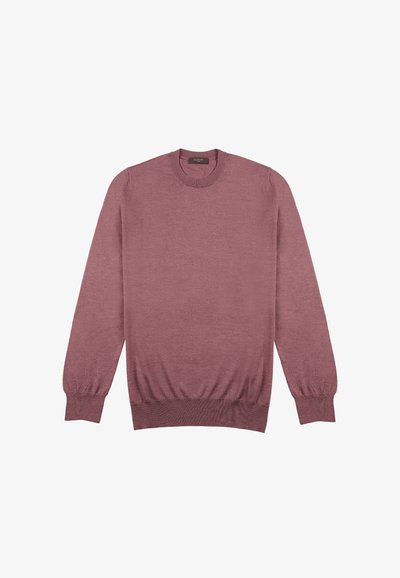 Pullover-Pullover in staubiger Roséfarbe, aus weichem Strickmaterial gefertigt. Hat einen Rundhalsausschnitt, gerippte Bündchen und einen gerippten Saum; insgesamt glatte Textur.