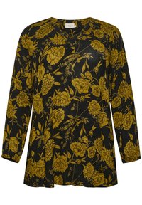 Zwarte tuniek met lange mouwen en een geel bloemenpatroon. Ronde halslijn en een losse pasvorm. Gemaakt van een textuurstof met een vloeiende uitstraling.