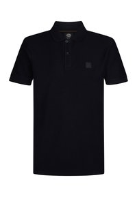 Černé polo tričko z bavlny se třemi knoflíky, krátkými rukávy, žebrovaným límcem a malou nášivkou loga na hrudi.