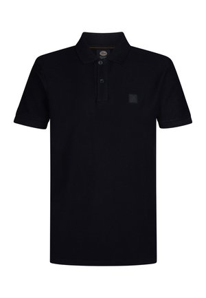 Polo nero in cotone con colletto a costine, maniche corte, patta con tre bottoni e una piccola etichetta con logo sul petto.