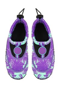 Paarse waterschoenen met een tropisch bladerenpatroon in lichtblauw, zwarte mesh accenten, elastische trekkoord en getextureerde rubberen zolen.
