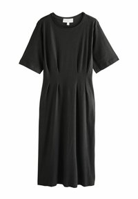 Abito in lino nero con maniche corte, scollo rotondo e dettagli plissettati in vita. Tessuto liscio, lunghezza al ginocchio.