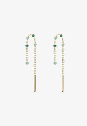 Des boucles d'oreilles dorées présentent un design en chaîne avec des perles en turquoise et deux barres dorées verticales suspendues aux extrémités.