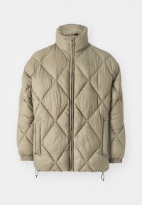 Padded jacket in light olive green, featuring a high collar, diagonal diamond quilting, two side pockets, and elasticated cuffs with drawstrings.