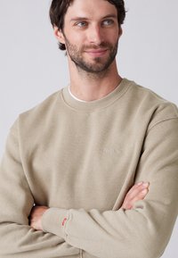 Beige crewneck sweatshirt met ribbelboorden en onderzoom, voorzien van een klein geborduurd logo. Zachte textuur en relaxte pasvorm.