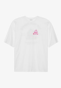 White cotton T-shirt featuring a centered pink cupcake graphic with a cherry on top. Short sleeves and relaxed fit.