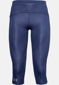 Marinblå capri leggings i stretchmaterial med ett subtilt geometriskt mönster och en bred midjeresår för komfort.