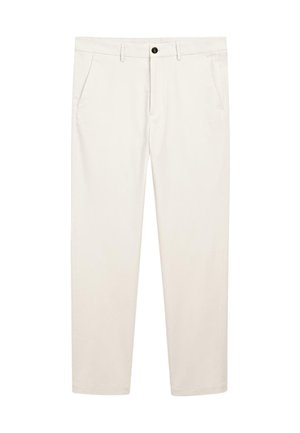 Pantaloni beige chiaro in cotone, con chiusura a bottoni, due tasche frontali e design a gamba dritta. Texture liscia, dettagli minimi.