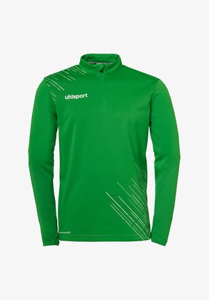 Grøn atletisk langærmet top med halv-zip krave, prydet med hvide diagonale striber og logo på brystet. Blød, glat stofstruktur.