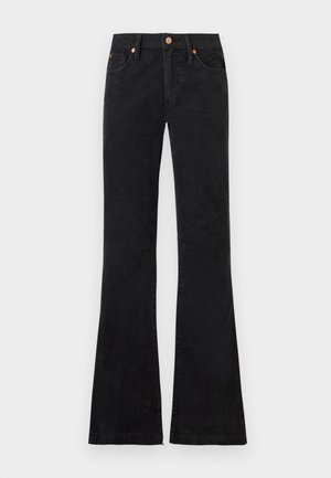 Black high-waist jeans with flared legs, front button and zip closure, and five-pocket design.