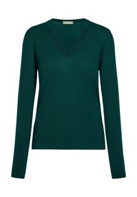 Maglione verde scuro a maniche lunghe con scollatura a V e colletto e polsini a costine, mostrato di fronte su uno sfondo bianco.