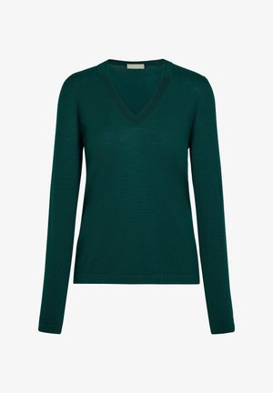 Maglione verde scuro a maniche lunghe con scollatura a V e colletto e polsini a costine, mostrato di fronte su uno sfondo bianco.