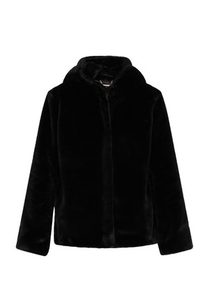 Giacca nera in pelliccia sintetica con cappuccio, chiusura frontale a zip e maniche lunghe. La texture è morbida e pelosa, senza motivi o dettagli visibili.