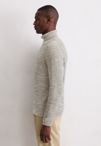 Hellgrau gestreifter Rollkragenpullover, taillierte Passform, lange Ärmel, weicher Stoff, getragen mit beigen Cordhosen, Seitenansicht.