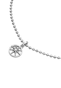 Silver necklace with a beaded chain and a circular compass charm featuring a raised eight-point star design.