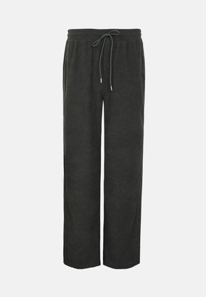 Pantalon en velours côtelé gris à coupe décontractée, avec une taille à cordon de serrage et des rayures verticales texturées. Design simple, sans poches.