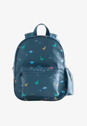 Zaino blu per bambini con tasca frontale con cerniera e stampe colorate di dinosauri e piccoli arcobaleni su tutta la superficie.