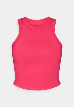 Débardeur de sport rose avec un col rond, sans manches et coupe ajustée. Fabriqué en tissu lisse et extensible.