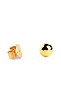 Orecchini d'oro con una base cilindrica, una parte superiore circolare e una sfera liscia e arrotondata. Entrambi gli elementi presentano una finitura lucida.