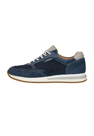 Herren-Casual-Sneaker aus marineblauem Veloursleder und Mesh mit weißen Schnürsenkeln, grauer Fersenschlaufe und hellbrauner Gummisohle.