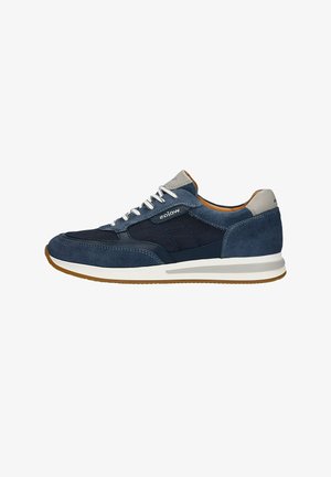 Herren-Casual-Sneaker aus marineblauem Veloursleder und Mesh mit weißen Schnürsenkeln, grauer Fersenschlaufe und hellbrauner Gummisohle.