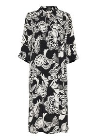 Largo vestido negro con un atrevido patrón floral blanco, cuello con solapa, mangas cortas y un corte relajado. Tela suave con un ligero brillo.