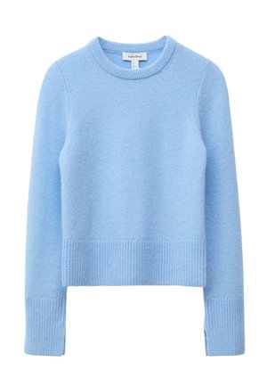 Hellblauer Pullover mit langen Ärmeln, gerippten Bündchen und Saum, Rundhalsausschnitt, weichem Strickstoff und Etikett im Krageninneren.