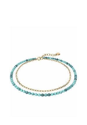Double-layer bracelet with one strand of small turquoise beads and one gold chain linked, featuring a gold clasp and adjustable extender.
