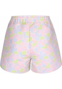Pantalones cortos con estampado floral pastel y cintura elástica, presentando tonos de rosa, azul y verde. La tela tiene una textura suave.