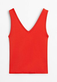 Red sleeveless tank top with a deep V-neck and wide shoulder straps, shown on a plain white background.