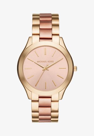 Montre-bracelet Michael Kors en métal or et or rose avec un cadran rose, des index dorés et trois aiguilles indiquant 10:10:37.