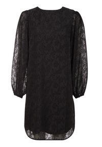 Black dress featuring sheer long puff sleeves, round neckline, and a textured pattern. Hem is slightly longer in the back, smooth fabric.