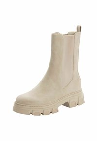 Béžové ankle boots s hladkým svrškem z umělé kůže, elastickými bočními panely a robustní gumovou podrážkou s texturovanými detaily.