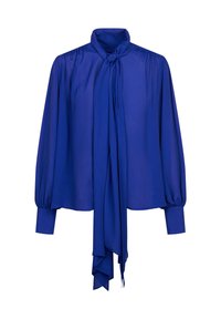 Blusa blu a maniche lunghe in tessuto leggero, con colletto annodato, spalle arricciate e polsini aderenti, che crea una silhouette fluida.