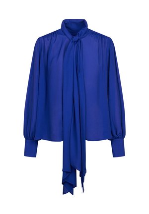 Blaue Bluse mit langen Ärmeln aus leichtem Stoff, mit gebundenem Kragen, gerafften Schultern und taillierten Manschetten, die eine fließende Silhouette erzeugen.