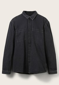 Schwarzes Jeanshemd mit langen Ärmeln, Knopfleiste, zwei Brusttaschen und klassischem Kragen, flach auf hellem Hintergrund ausgelegt.