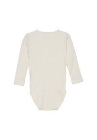 Langarm bodysuit in crème, gemaakt van ribstof. Beschikt over een ronde halslijn en drukknoopsluitingen aan de onderkant voor gemakkelijke wisseling.