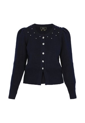 Cárdigan de marina hecho de tela suave, con un cierre de botones en la parte delantera, mangas abullonadas y rhinestones decorativos en el escote. Ribetes acanalados en el dobladillo y los puños.