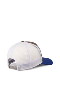 Trucker cap with a white mesh back, brown top, and blue bill. Features a curved brim and adjustable snapback closure.