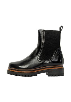 Bottine noire en cuir avec panneau latéral élastique, languette au talon, bordure marron au-dessus de la semelle crantée, et petit talon bloc.