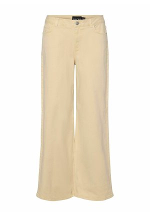 Beige levelehkot hameet, jotka on valmistettu puuvillasekoitteesta, joissa on nappikiinnitys, viisi taskua ja kontrastivärinen ompelu saumoissa.