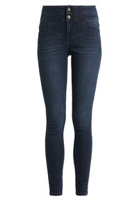 Jeans ajustados de color azul oscuro con una cintura alta, dos bolsillos frontales y cierre de doble botón. Hechos de denim con una textura suave.