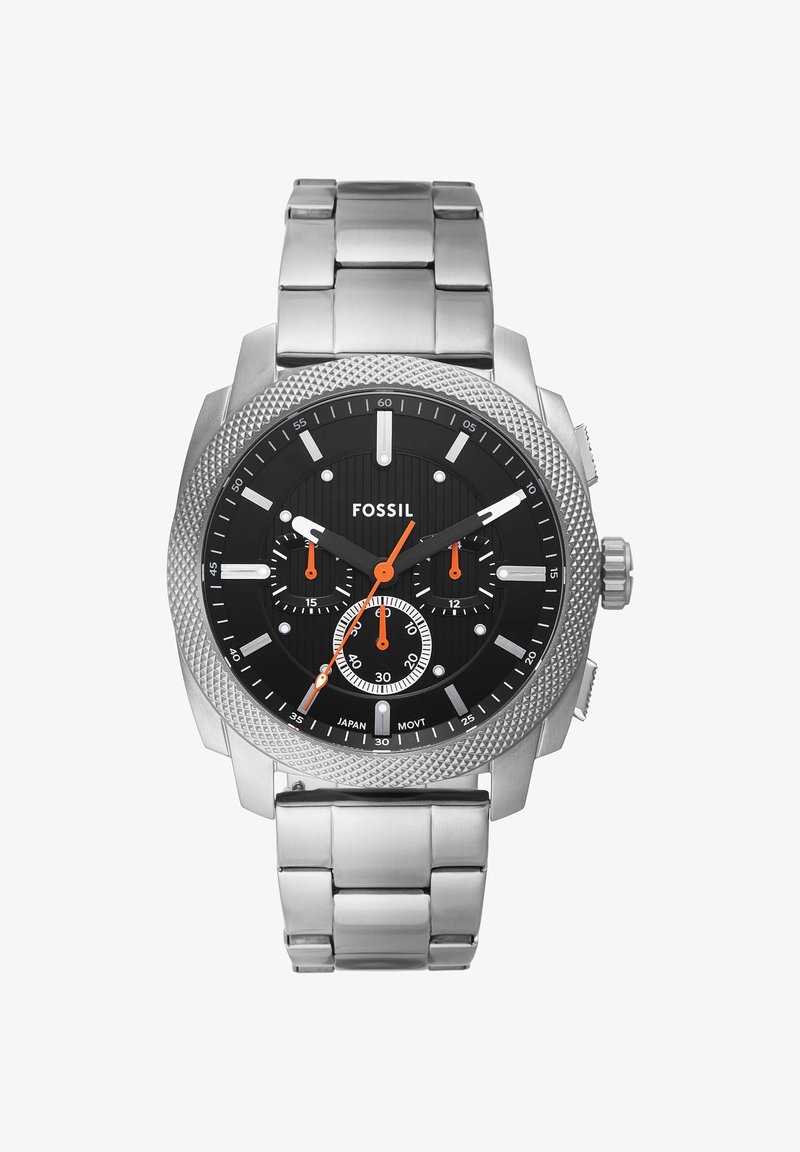 Montre-bracelet Fossil en métal argenté avec cadran noir, trois sous-cadrans, aiguilles des secondes et des sous-cadrans orange, ainsi que marqueurs d'heure et bracelet argentés.