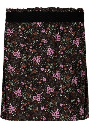 Schwarzer Rock mit kleinem Blumenmuster in Pink, Braun und Grün, mit gerafftem Bund und breitem schwarzem Elastikband.