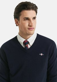 Marineblauer V-Ausschnitt-Pullover aus weichem Material, mit einem kleinen gestickten Logo auf der linken Seite. Getragen über einem weißen Hemd mit Kragen und gestreifter Krawatte.