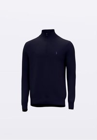 Temno modra pulover s četrtinskim zadrgo, narejen iz mehke tkanine, z ovratnikom in majhnim vezenim logotipom na prsih.