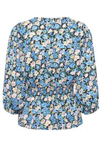 Blusa floreale con sfondo nero decorato da fiori blu, rosa e verdi, maniche a sbuffo e vita arricciata per una vestibilità comoda.