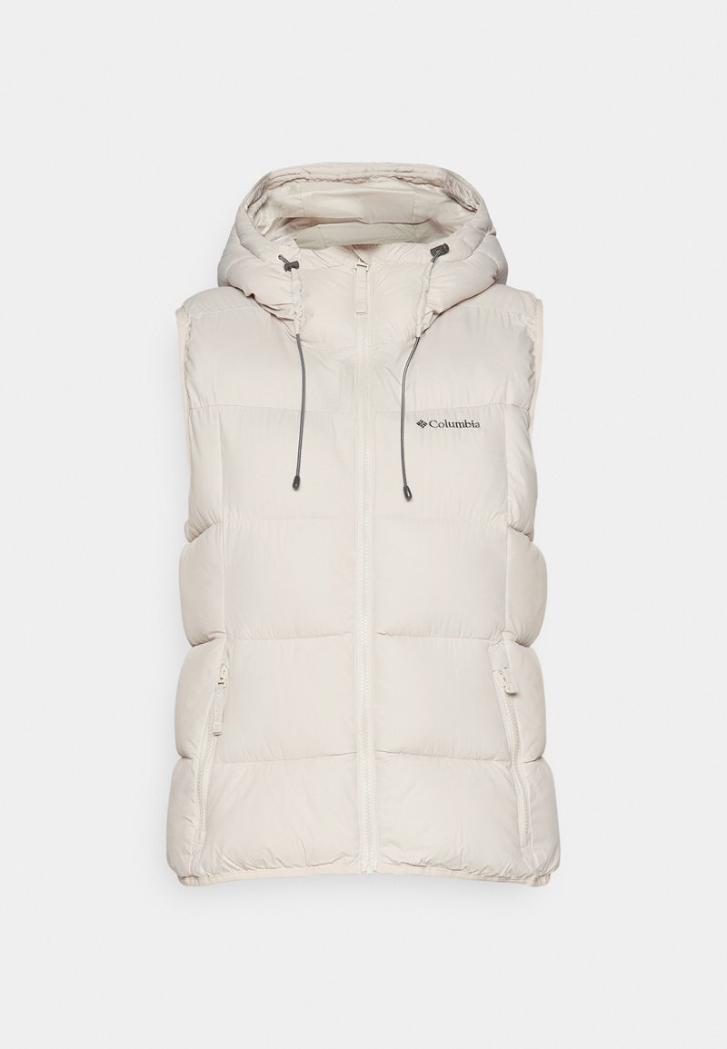 Lichtgekleurde gewatteerde vest met een capuchon, voorkant met rits en trekkoorden. Beschikt over zijzakken en een logo op de borst. Zachte, gewatteerde textuur.